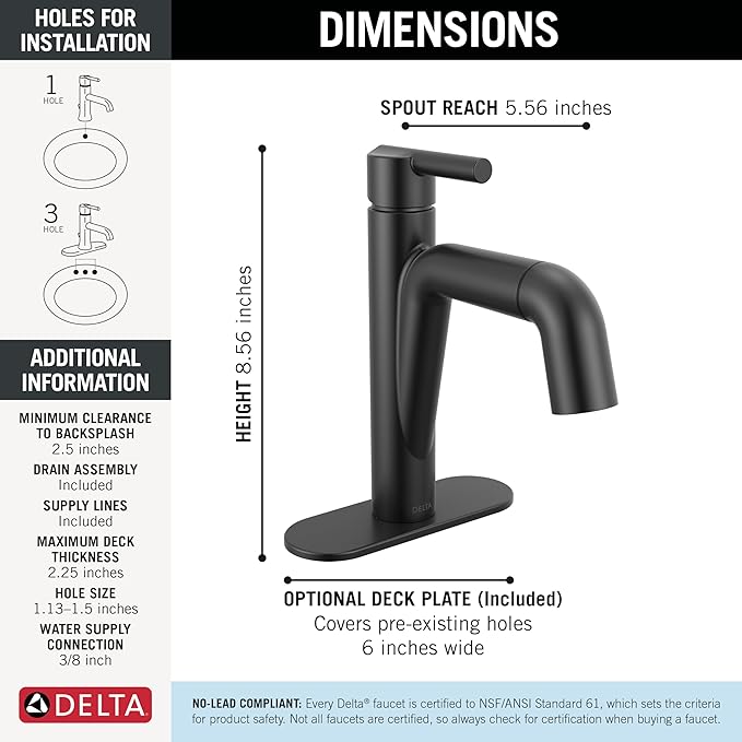 Delta Nicoli 1 Hole Matte Black Bathroom Faucet with Sprayer, Single Hole Bathroom Sink Faucet with Pull Out Sprayer for Vanity, Push-Pop Drain, Matte Black 15849LF-BLPD