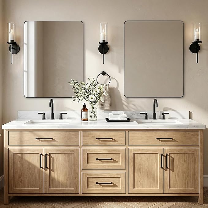 Black Bathroom Mirrors for Over Sink, 28x36 Inch Matte Black Mirror for Bathroom, Rectangle Metal Vanity Mirror for Wall-Modern Clean Design with Superior Stainless Steel Frame