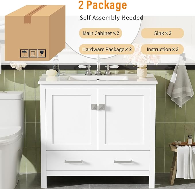 72" White Bathroom Vanity with Double Sink, 72 Inch Bathroom Vanity Set with Double Vanities (Separate), 2 Bathroom Vanities with Sink, Storage Shelf, and Divided Drawers (Mirror not included)