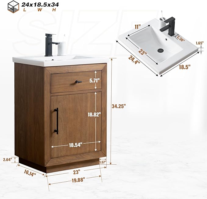 HOMEBEYOND 24" Bathroom Vanity with Single Sink & Ceramic Top, MDF Material Vanity Cabinet with Basin Combo, Soft-Closing Doors, Removable Shelf, Backsplash,Tan