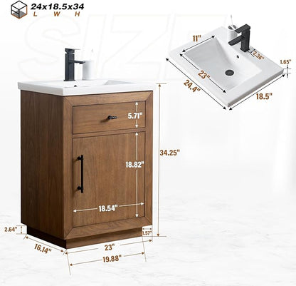 HOMEBEYOND 24" Bathroom Vanity with Single Sink & Ceramic Top, MDF Material Vanity Cabinet with Basin Combo, Soft-Closing Doors, Removable Shelf, Backsplash,Tan
