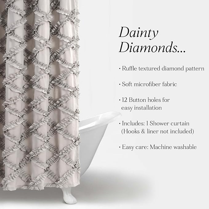 Lush Decor Ruffle Diamond Shower Curtain 72"L x 72"L Gray - Fabric Shower Curtains for Bathroom - Gray Bathroom Curtain - Vintage Farmhouse Decor