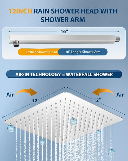 Rain Shower Head with Extension Arm Polished Chrome, 12" Rainfall Square Showerhead with 16" Shower Arm All Stainless Steel, 144 Outlets Waterfall Full Body Coverage