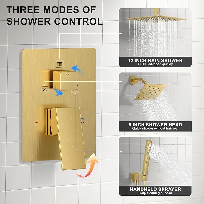 Rain Shower System 12" & 6" Dual Shower Heads Ceiling Shower Faucet Set | Ideal for bathroom remodels and upgrades with 12" rain shower, 6" angled shower, handheld spray and complete valve kit.
