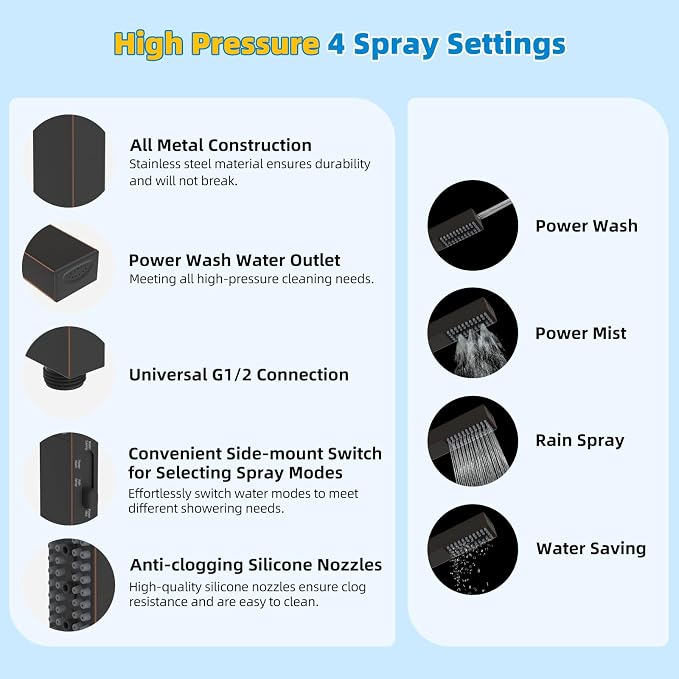 Hibbent All Metal cUPC Certified Shower Head, 8'' High Pressure Rainfall Showerhead Combo, Handheld Shower Wand, 12'' Adjustable Extension Arm, 4-Spray, 71'' Hose, Shower Holder, Oil Rubbed Bronze