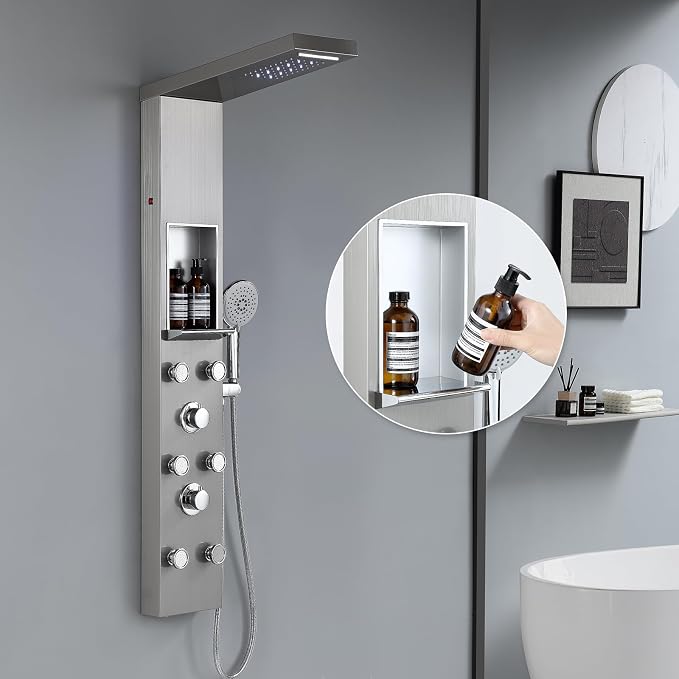ROVATE LED Shower Panel Tower with Shelf and 6 Adjustable Jets, Brushed | All-in-one Stainless Steel Shower Tower Integrates Overhead Spray, Body Jets, Handheld, and Shelf into A Space-saving System