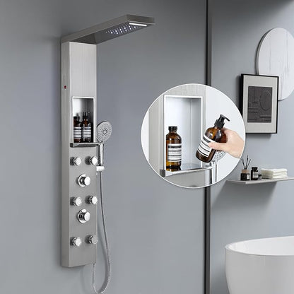 ROVATE LED Shower Panel Tower with Shelf and 6 Adjustable Jets, Brushed | All-in-one Stainless Steel Shower Tower Integrates Overhead Spray, Body Jets, Handheld, and Shelf into A Space-saving System