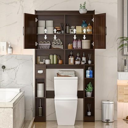 Vabches Over The Toilet Storage Cabinet with Barn Doors, Espresso | Toilet Cabinet Rack, Space Saving Bathroom Organizer with Shelves, Toilet Paper Holder and Towel Rack for Bathroom,Laundry.