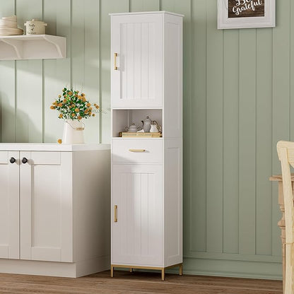 Homhedy 67" H Bathroom Storage Cabinet, Tall Bathroom Cabinet, White | Narrow Cabinet with Doors and Drawer, Adjustable Shelves, Floor Cabinet for Bathroom, Living Room, Kitchen, Dining Room