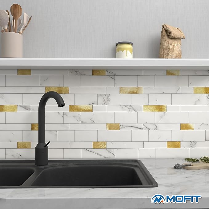Stone Peel Stick Backsplash Tiles Kitchen Wall White Gold 10pcs