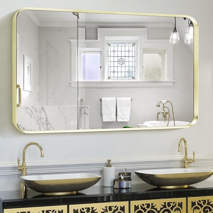 Gold Bathroom Mirror 30x48in, Metal Framed Rounded Rectangle Wall | Tempered Glass, Anti-Rust Frame, Hangs Horizontal or Vertical, HD Reflection Clarity