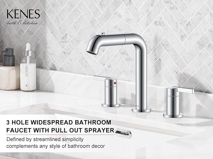 KENES Pull Down Bathroom Faucet with Sprayer, Chrome 8 Inch 2 Handle Widespread Bathroom Faucet 3 Hole with Pull Out Sprayer, Vanity Faucet with Pop Up Drain & Supply Lines LJ-9058A-5