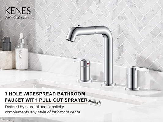 KENES Pull Down Bathroom Faucet with Sprayer, Chrome 8 Inch 2 Handle Widespread Bathroom Faucet 3 Hole with Pull Out Sprayer, Vanity Faucet with Pop Up Drain & Supply Lines LJ-9058A-5