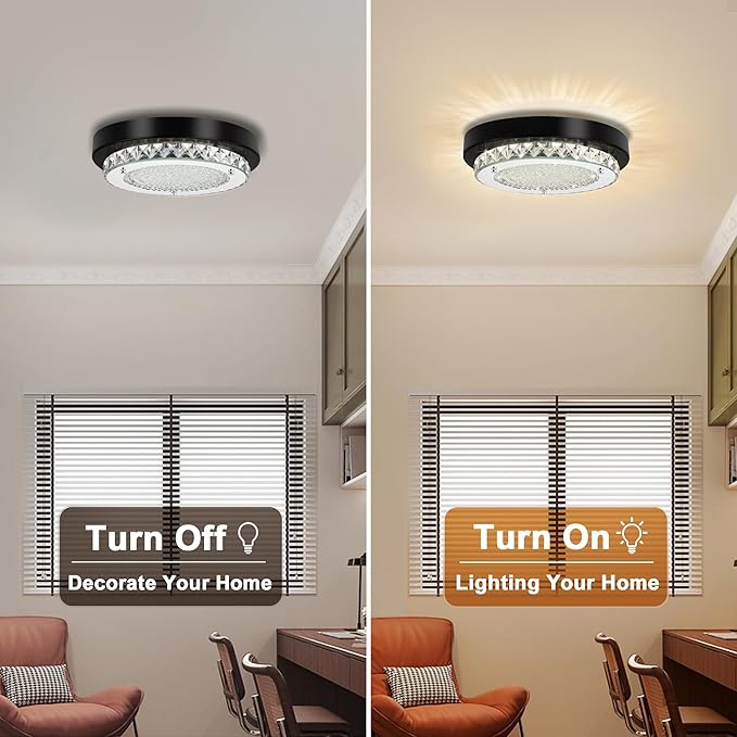 Flush Mount Ceiling Light LED Crystal Bathroom Light Fixture Small 10 Inch Dimmable Hallway Lighting Black Modern Foyer Ceiling Lights for Entryway Laundry Room Mini Kitchen Ceiling Light
