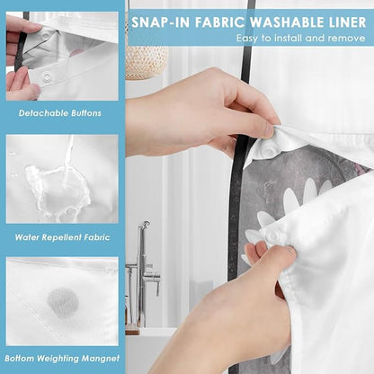 No Hook Shower Curtain with Snap in Liner 71x74 Inch Daisy Grey | Farmhouse Pink Butterfly Modern Double Layers Waterproof Fabric with See Through Top Window Open Grommet Bath Curtain