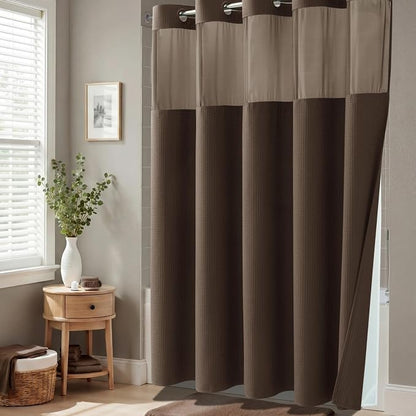Brown Hook Free Waffle Shower Curtain & Snap-in Fabric Liner,72x75 | Less Time to install, 3 in 1 Fabric Shower Curtain and Liner Set with Magnets, Mesh Top Window, Shower Curtains for Bathroom