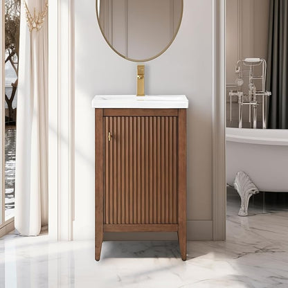Vanity Art 20 inch Bathroom Vanity with Single Sink & Ceramic Top, Vanity Cabinet with Soft-Closing Door, Solid Wood Frame, Linear Pattern, Walnut, Golden Brushed Handware VA9120-Walnut-GB