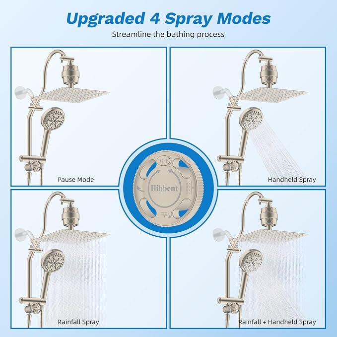 Hibbent 10" Dual Filtered 10" Rainfall Shower Head with Handheld 10-Spray | High Pressure Metal Brushed Nickel Showerhead Combo with Filter, Extension Arm with 4-way Diverter, 71'' Hose & Holder