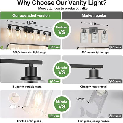Indoi 7-Light Bathroom Light Fixtures, Matte Black Modern Vanity Lights with Clear Glass Shades, Bathroom Wall Lamp for Mirror Living Room Cabinet Bedroom Porch