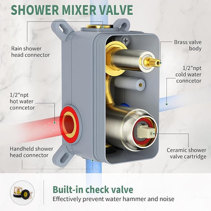 SunCleanse Rainfall Shower Faucet Set with High Pressure in Brushed Nickel | Ceiling mounted shower combo set featuring a 10" rainfall shower head, handheld spray, and rough-in shower valve.