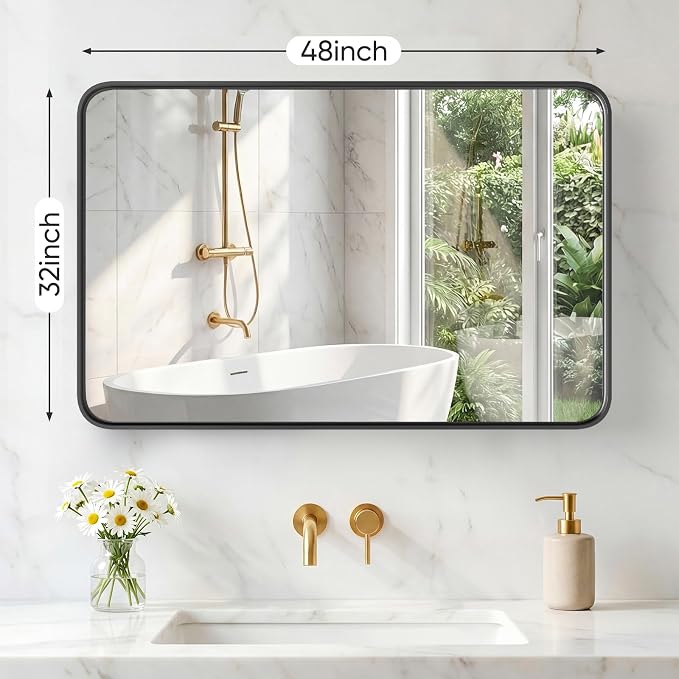 Sweetcrispy Bathroom Mirror 48x32 Inch, Vanity Mirror for Wall | Metal Framed Rounded Rectangle, Over Sink, Farmhouse, Restroom, Anti-Rust, Horizontal or Vertical Hanging, Black