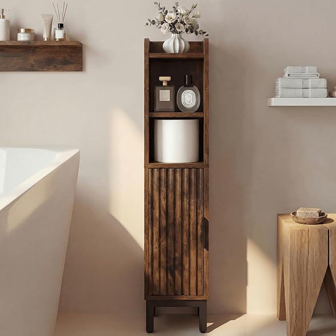 Small Bathroom Storage Cabinet, Corner Narrow Toilet Paper Floor Cabinet with Door and Shelves,Bathroom Organizer with Adjustable Shelf, for Small Spaces (Rustic Brown, 4-Tier)