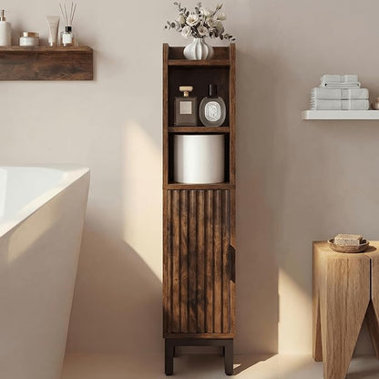 Small Bathroom Storage Cabinet, Corner Narrow Toilet Paper Floor Cabinet with Door and Shelves,Bathroom Organizer with Adjustable Shelf, for Small Spaces (Rustic Brown, 4-Tier)