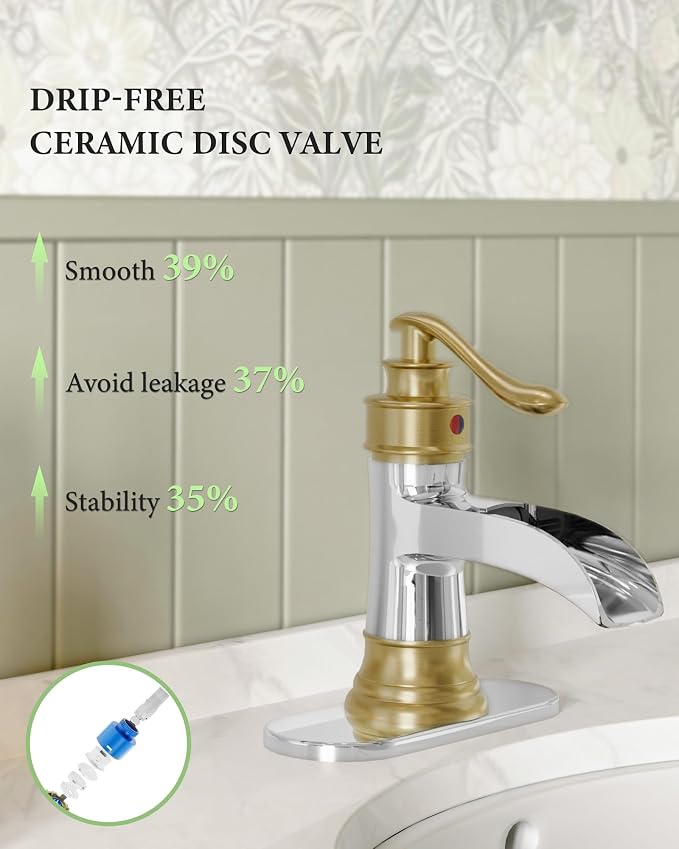Bathroom Faucet Waterfall Sink Faucets Bathroom Widespread Single Handle | Chrome and Gold for 1 or 3 Holes Rustic Vanity Farmhouse with Pop-up Drain Deck Plate Hose by Homevacious