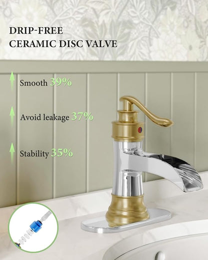 Bathroom Faucet Waterfall Sink Faucets Bathroom Widespread Single Handle | Chrome and Gold for 1 or 3 Holes Rustic Vanity Farmhouse with Pop-up Drain Deck Plate Hose by Homevacious