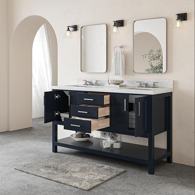 ARIEL Magnolia 60-inch Bathroom Vanity with Sink,Solid Wood, 1.5-inch Italian Carrara Marble Countertop, Double Rectangular Porcelain Sink, 4 Soft Closing Doors, 3 Dovetail Drawers, Midnight Blue