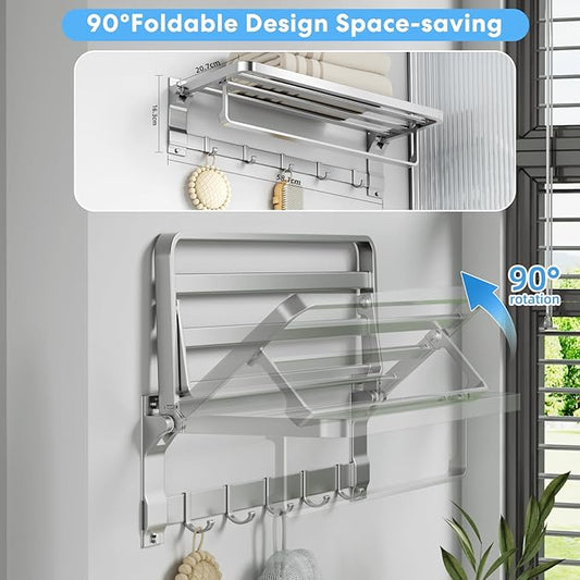 90°Foldable Towel Rack for Bathroom, 23 Inch Wall Mounted Towel Holder with Shelf & 5 Hooks, Rustproof Space Aluminum Towel Bar, Hotel, Kitchen, Laundry, Silver