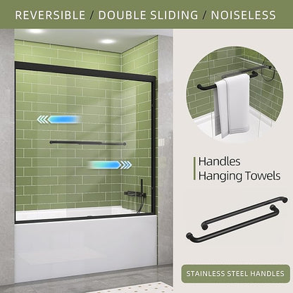 GETPRO Tub Shower Door Sliding 56-60 in. W x 58 in. H Semi-Frameless Bypass Double Sliding Bathroom Glass Tub Door,1/4 inch Clear Tempered Glass Bathtub Door Matte Black