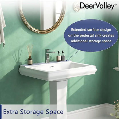 DeerValley Apex 26x20 Inch White Pedestal Sink, Ceramic Pedestal Bathroom Sink with Single Faucet Hole and Overflow, DV-1P52101