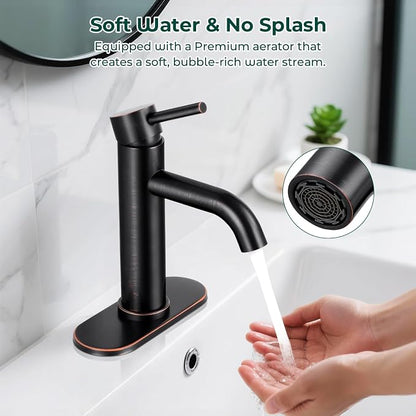 Bathroom Faucet, Single Handle Vanity Sink Faucet, Oil Rubbed Bronze | ORB, for 1/3-Hole, Stainless Steel, Ceramic Cartridge, Pop-Up Drain, Deck Plate, For Vanity Powder Laundry