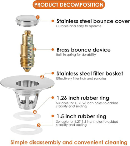Universal Bathroom Sink Stopper, Basin Pop-up Bathroom Sink Drain Strainer, Bathroom Drain Stopper with Stainless Steel Hair Catcher for 1.1-1.5 Inch Drain(1 PCS, Silver)
