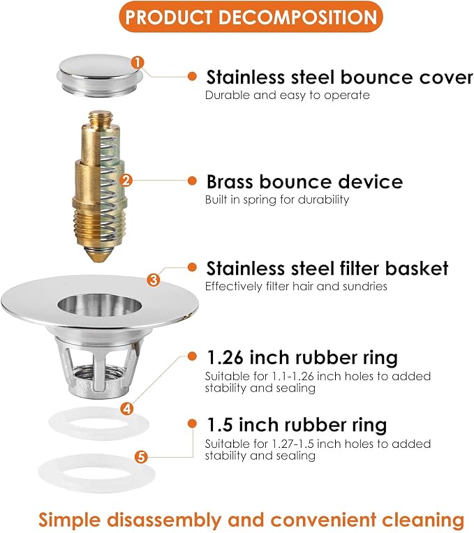 Universal Bathroom Sink Stopper, Basin Pop-up Bathroom Sink Drain Strainer, Bathroom Drain Stopper with Stainless Steel Hair Catcher for 1.1-1.5 Inch Drain(2 PCS, Silver)
