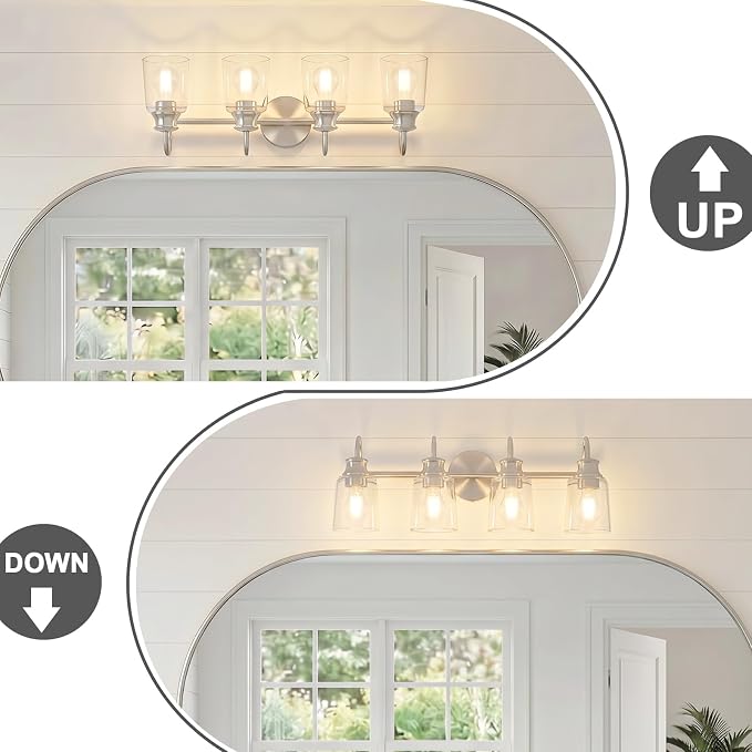 4 Lights Bathroom Light Fixtures Brushed Nickel Vanity Lights | ETL Certificate, Easy to Install,Wall Mount Up or Down,Thickened Glass Lampshade,E26 Socket,Hardwired