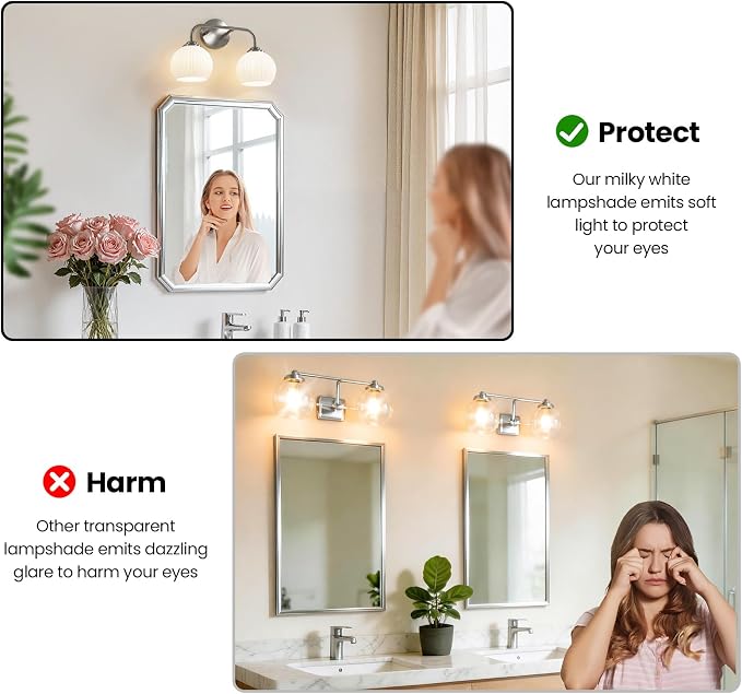 RUIYEY Bathroom Vanity Light Fixtures: 2-Lights Vanity Lighting Fixtures with Frosted Milky Glass Shades, Hardwired 15.9 in Brushed Nickel Vanity Lights Over Mirror (Exclude E26 Bulb)