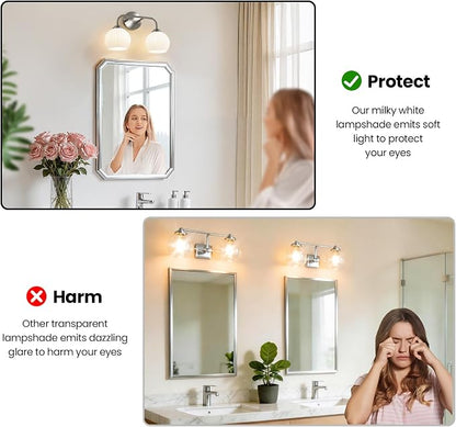 RUIYEY Bathroom Vanity Light Fixtures: 2-Lights Vanity Lighting Fixtures with Frosted Milky Glass Shades, Hardwired 15.9 in Brushed Nickel Vanity Lights Over Mirror (Exclude E26 Bulb)
