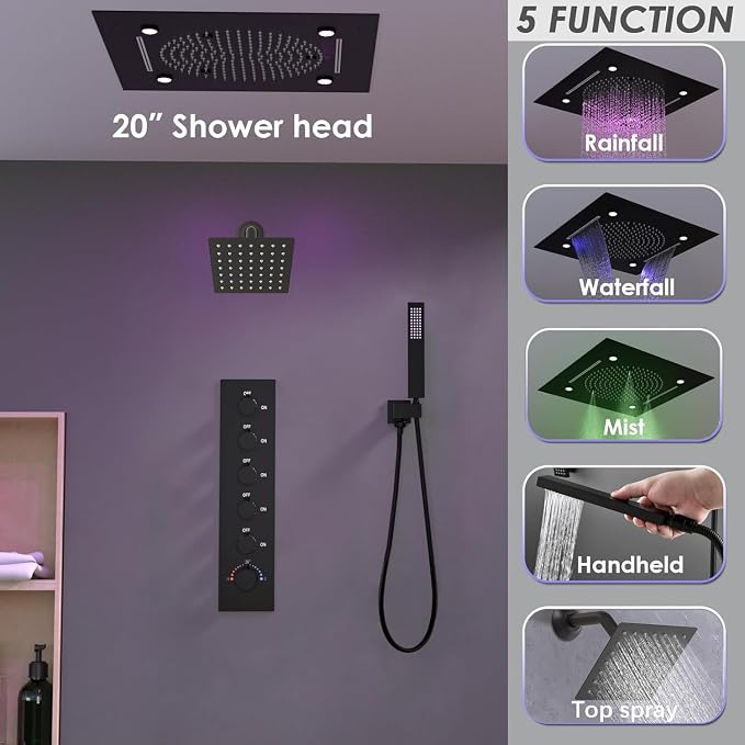 Enga Luxury Dual Shower Head System LED Thermostatic Shower System with 6 inch Wall Shower, 20-Inch 3 Function Shower Head (Rainfall & Mist & Waterfall), Matte Black