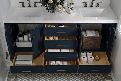 ARIEL Cambridge 66-inch Bathroom Vanity with Sink,Solid Wood, 1.5-inch Pure White Quartz Countertop, Double Rectangular Porcelain Sink, 4 Soft Closing Doors, 6 Dovetail Drawers, Midnight Blue