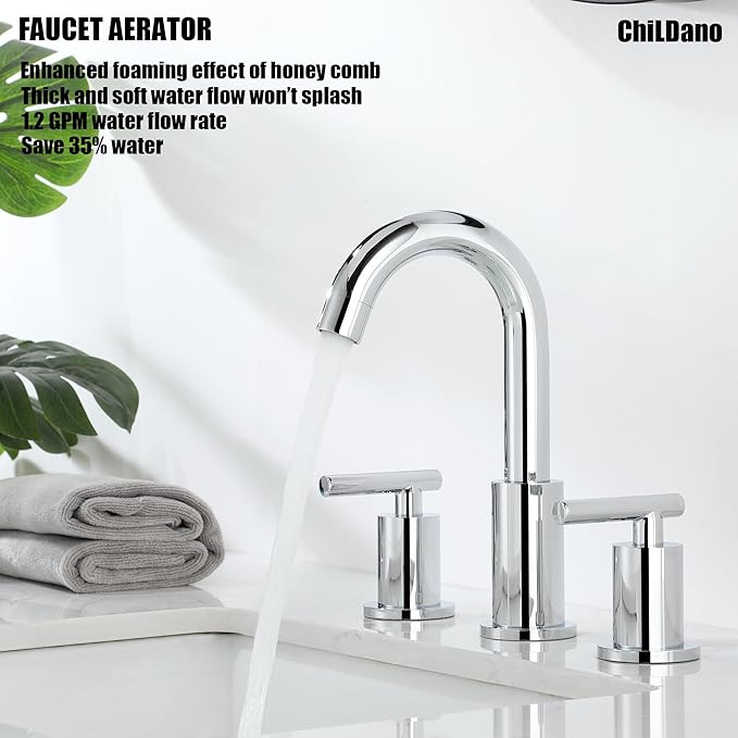 Widespread Bathroom Sink Faucet with Drain and Supply Hose, Chrome 3 Hole Faucet for Bathroom Sink, ChiLDano Polished Chrome 2-Handle Bathroom Faucets CH2183CP