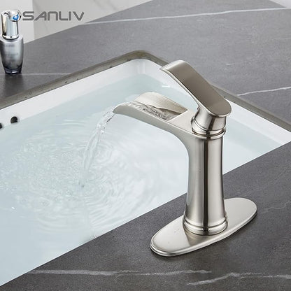 Brushed Nickel Bathroom Sink Faucet, Sanliv Single Handle Centerset Bathroom Faucet with Pop-Up Drain & Deck Plate for 1 or 3-Hole (4 inch), Brushed Nickel Waterfall Vanity Faucet