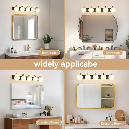 5 Lights Vintage Bathroom Vanity Light Fixtures Over Mirror, Matte Black Vanity Lights For Bathroom With Milk White Glass Globe Shade, Wall Lights For Bedroom, Hallway, Dressing Table(Includ G9 Bulbs)