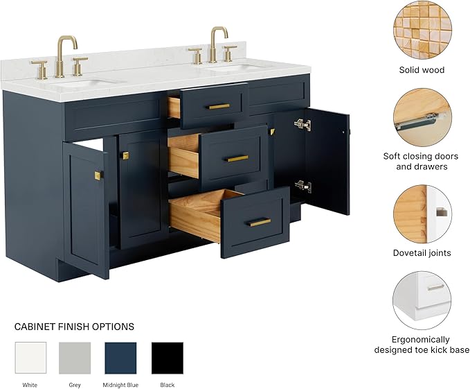 ARIEL Hamlet 66-inch Bathroom Vanity with Sink,Solid Wood, 1.5-inch Carrara White Quartz Countertop, Double Rectangular Porcelain Sink, 4 Soft Closing Doors, 3 Dovetail Drawers, Midnight Blue