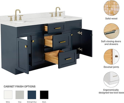ARIEL Hamlet 66-inch Bathroom Vanity with Sink,Solid Wood, 1.5-inch Carrara White Quartz Countertop, Double Rectangular Porcelain Sink, 4 Soft Closing Doors, 3 Dovetail Drawers, Midnight Blue