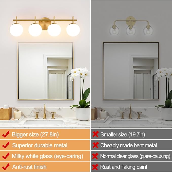 4-Light Bathroom Light Fixtures, Brushed Gold Vanity Lights for Bathroom with Milky White Glass Shade, Bathroom Lighting Fixtures Over Mirror, Wall Sconce for Bedroom (Bulb Not Included)