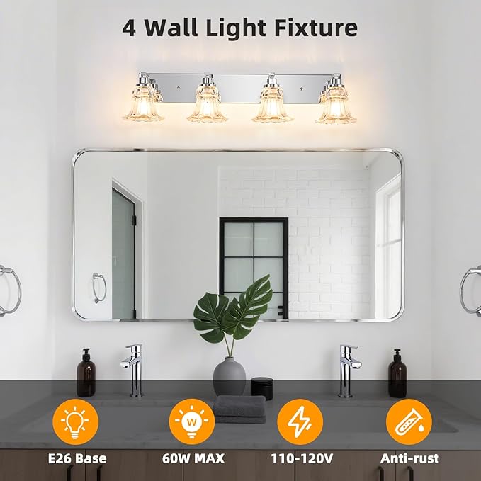 Vintage 4-Light Bathroom Vanity Light, Chrome Bathroom Light Fixtures with Floral Clear Glass Shades, Antique Wall Sconce Fixtures for Dressing Table, Bedroom