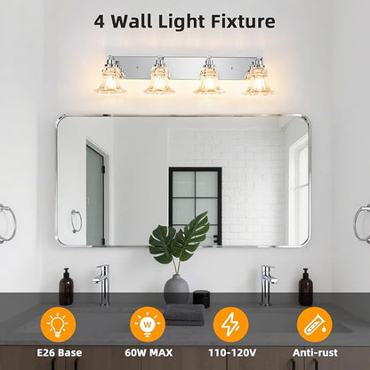 Vintage 4-Light Bathroom Vanity Light, Chrome Bathroom Light Fixtures with Floral Clear Glass Shades, Antique Wall Sconce Fixtures for Dressing Table, Bedroom