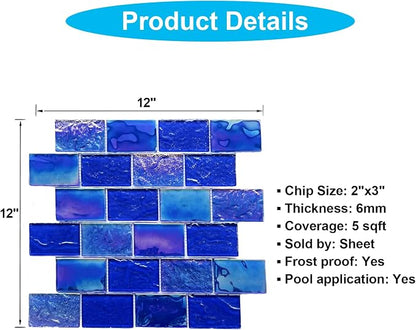 LSDECO 5 Sheets Glass Tile Mosaic Tiles Pool Tile Backsplash for Kitchen Bathroom Shower Tile (Cobalt Blue, 5 Sq.Ft)